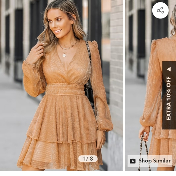 CUPSHE Women's Starlight Metallic V-Neck Flounce Dress Winter Long Sleeve Shirre - Picture 1 of 3